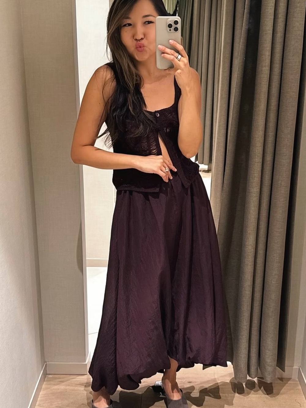 Massimo Dutti Burgundy A-Line Midi Skirt